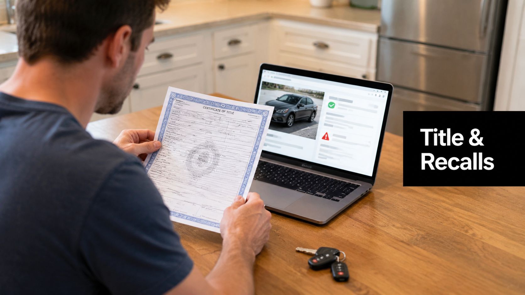 A person checking a car title document and vehicle history report on a laptop at home.