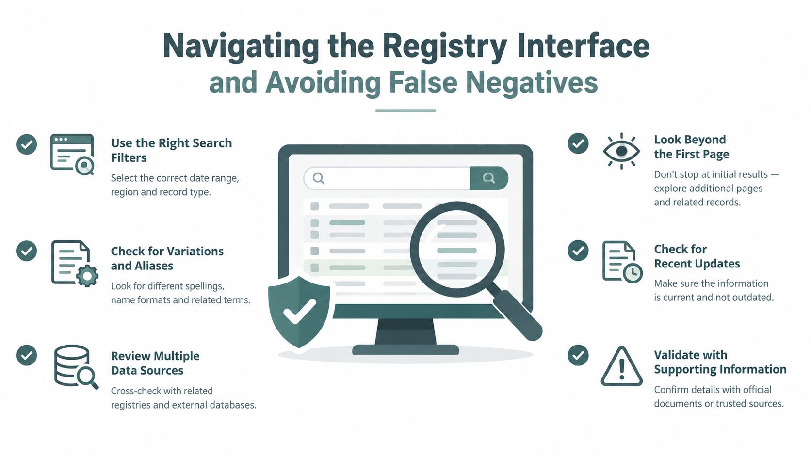 An infographic showing tips for navigating registry interfaces and avoiding false negatives when performing a record search.