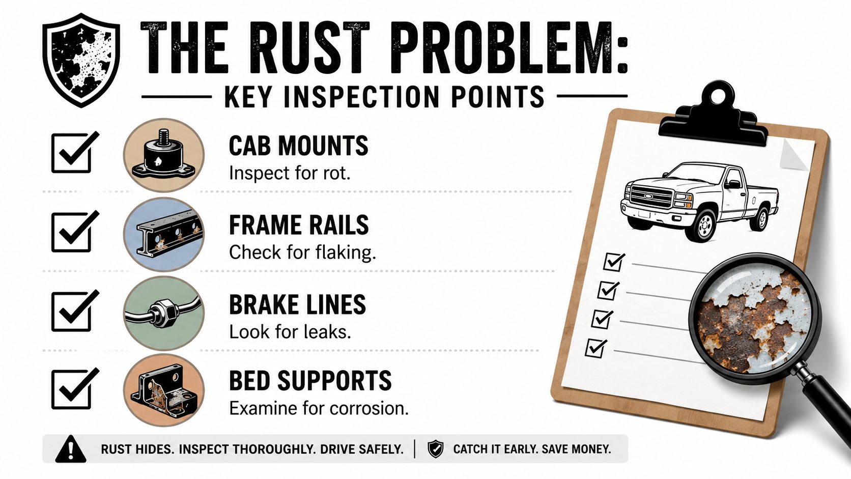 An infographic showing vehicle rust inspection points including cab mounts, frame rails, brake lines, and bed supports.