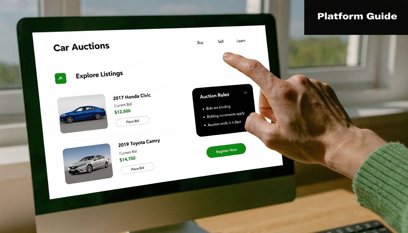 A person pointing to a car auction website on a computer screen showing vehicle listings and rules.