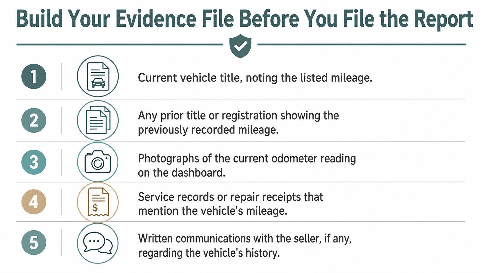 A checklist of five steps to build an evidence file before reporting odometer rollback fraud.