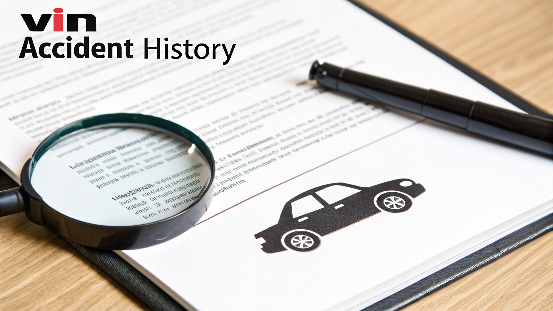 Magnifying glass on a document titled 'VIN Accident History' with a car icon and a pen.