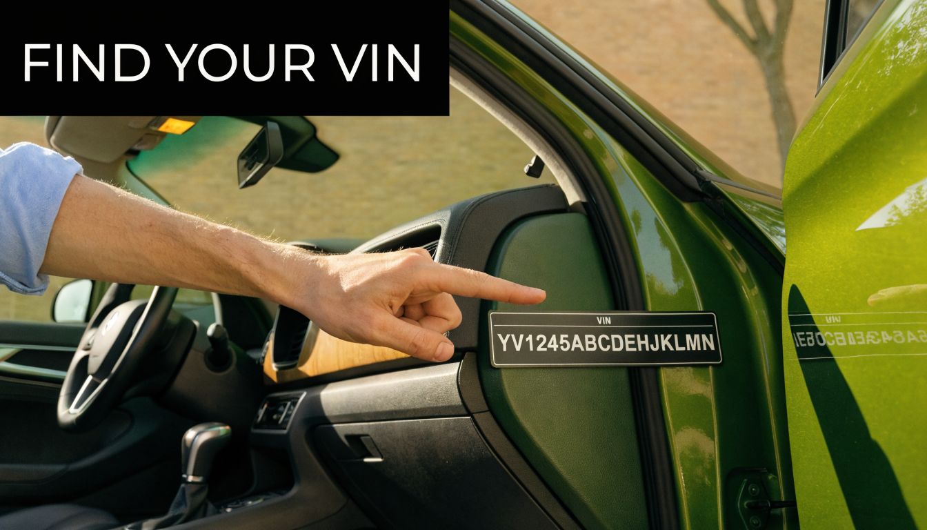 A hand pointing to a vehicle identification number sticker located on the door frame of a green car.