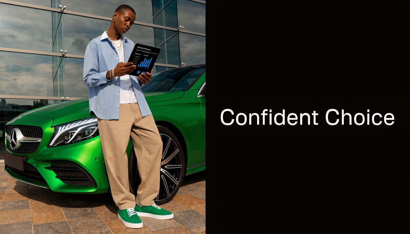A stylish young man leaning on a bright green Mercedes-Benz car while reviewing business data on a tablet.