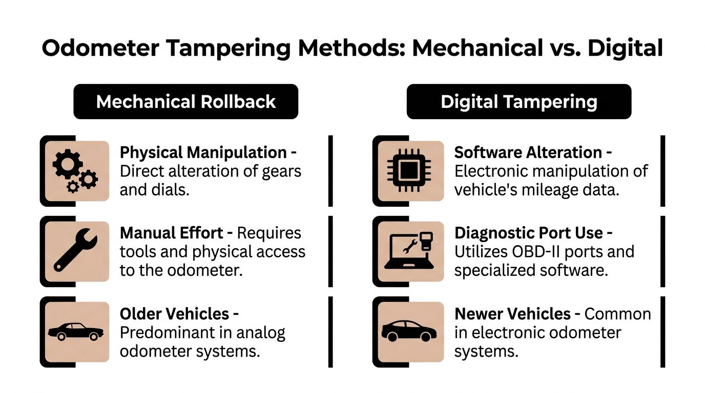 A comparison chart outlining the key differences between mechanical and digital odometer tampering methods for vehicles.