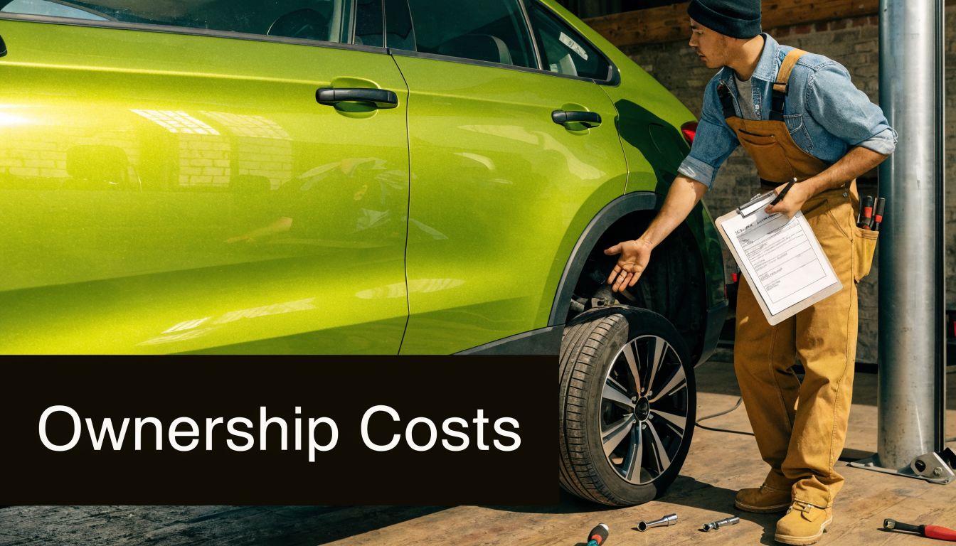 A mechanic in coveralls inspects a bright green car at a repair shop while holding a clipboard.