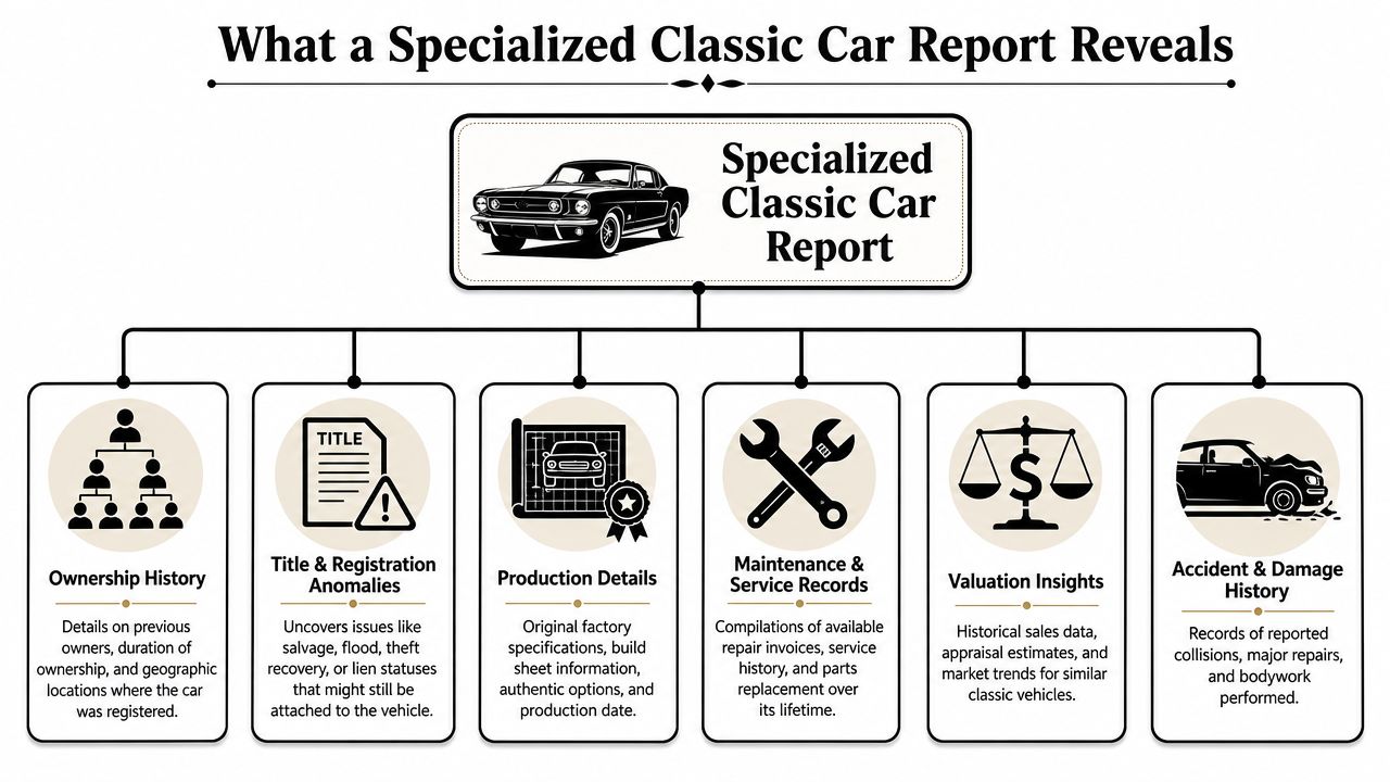 A diagram illustrating the key information components revealed in a comprehensive specialized classic car history report.