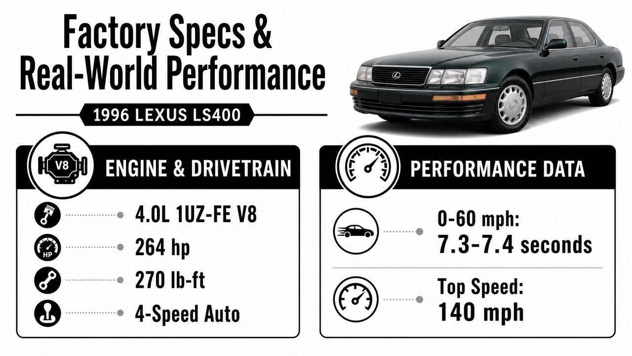 A 1996 Lexus LS400 sedan shown alongside its engine specifications and real-world performance data.