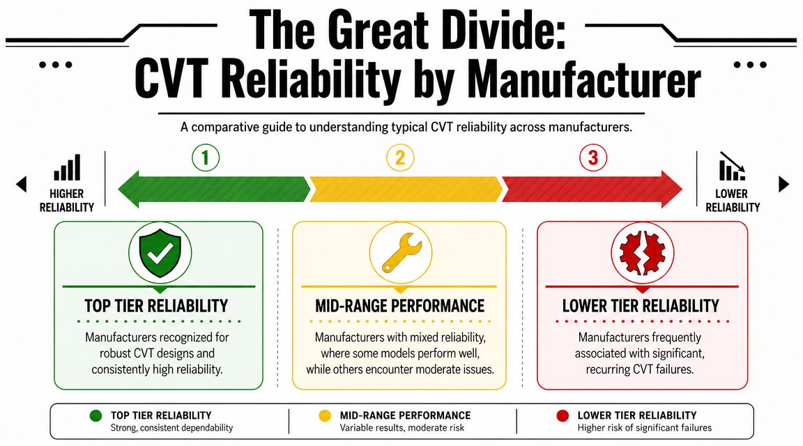 A visual guide classifying automobile CVT transmission reliability by manufacturer into top, mid-range, and lower tiers.