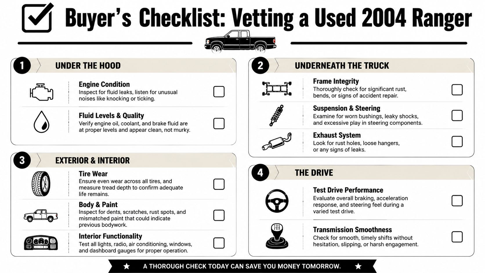 A comprehensive buyer's checklist for inspecting a used 2004 Ford Ranger, including engine, suspension, and test drive steps.