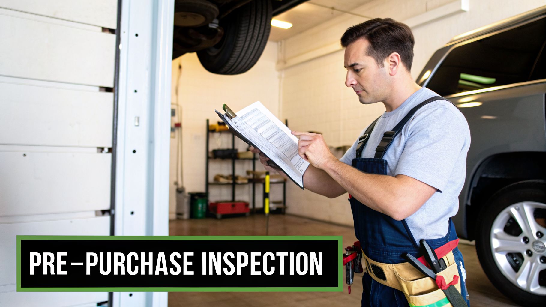 A male mechanic in a garage reviews a checklist while a car is lifted, indicating a pre-purchase inspection.
