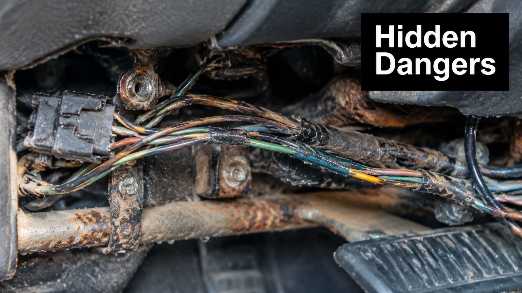 A close-up view of dirty, corroded electrical wiring and rusted metal components under a flood-damaged car dashboard.