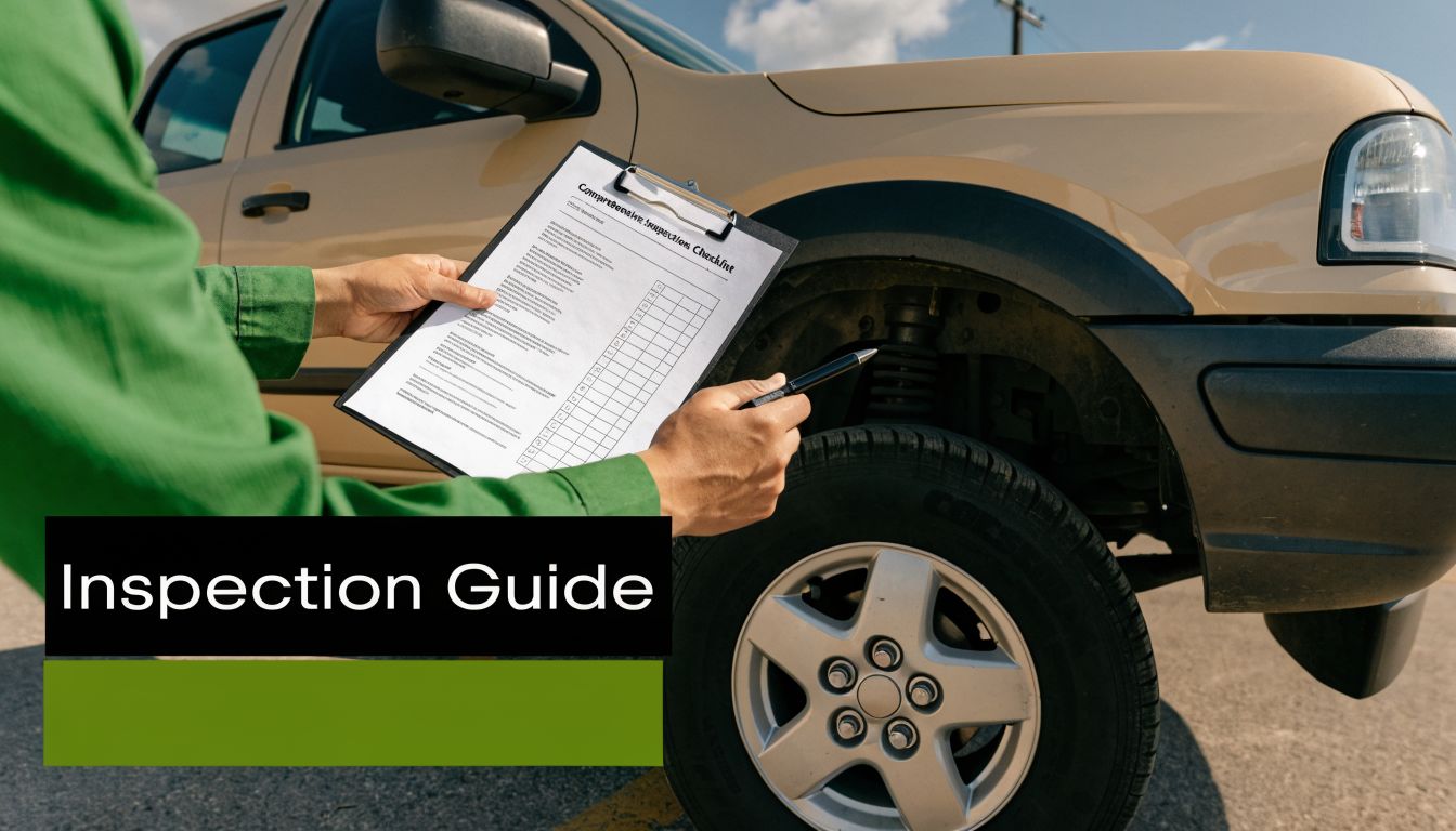 A mechanic in a green uniform performs a vehicle inspection on a beige pickup truck outdoors.