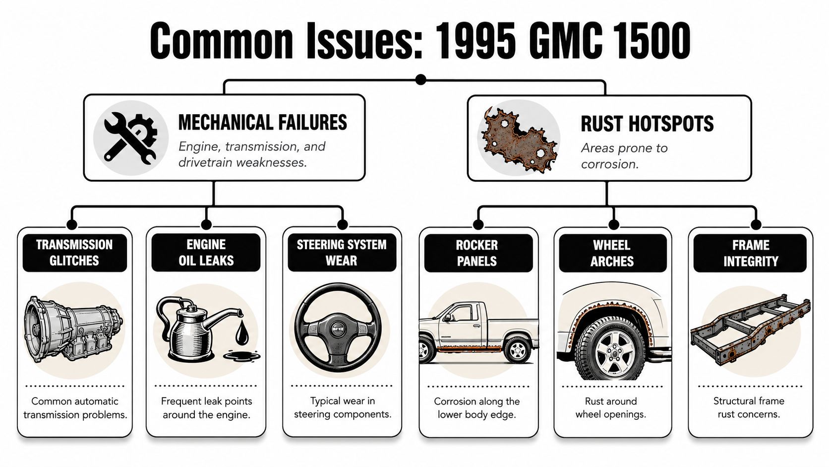 A diagram illustrating common mechanical failures and rust hotspots for a 1995 GMC 1500 truck.