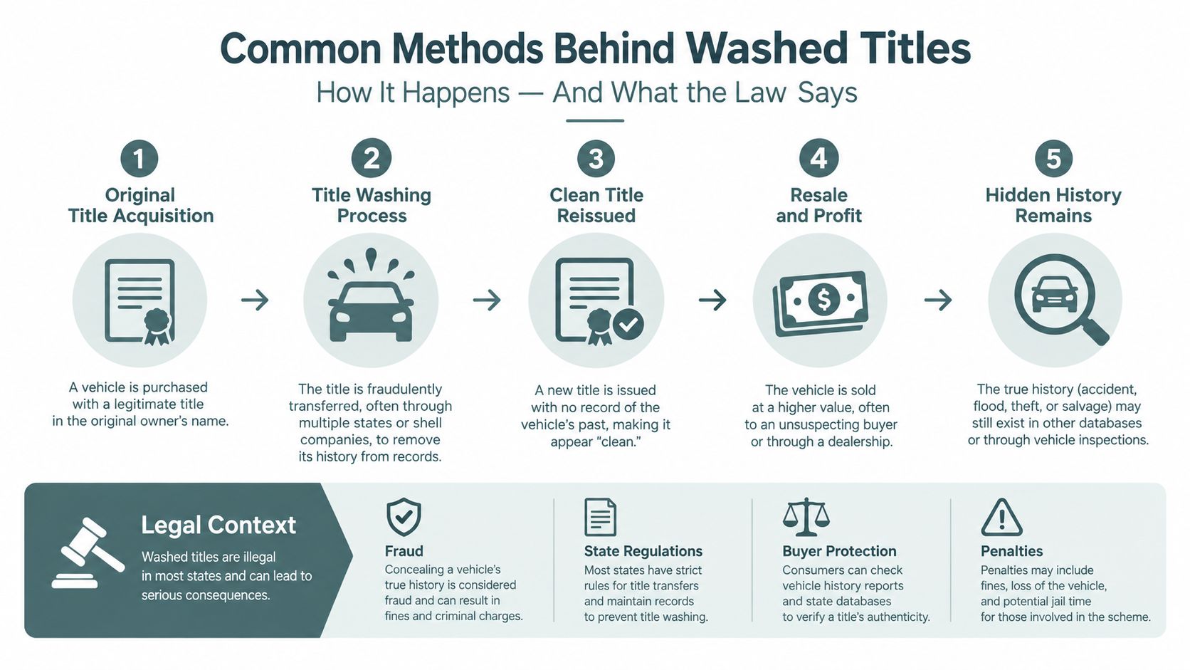 An infographic showing the five steps of car title washing and the legal consequences of the practice.