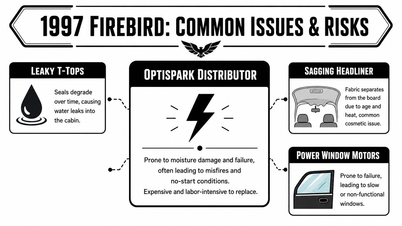 A graphic infographic listing common maintenance issues and risks for a 1997 Pontiac Firebird vehicle.