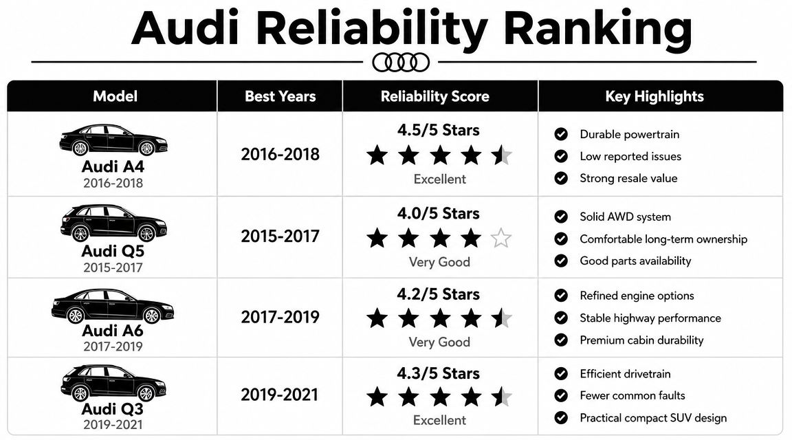 A chart comparing the reliability rankings for several Audi car models across specific production year ranges.