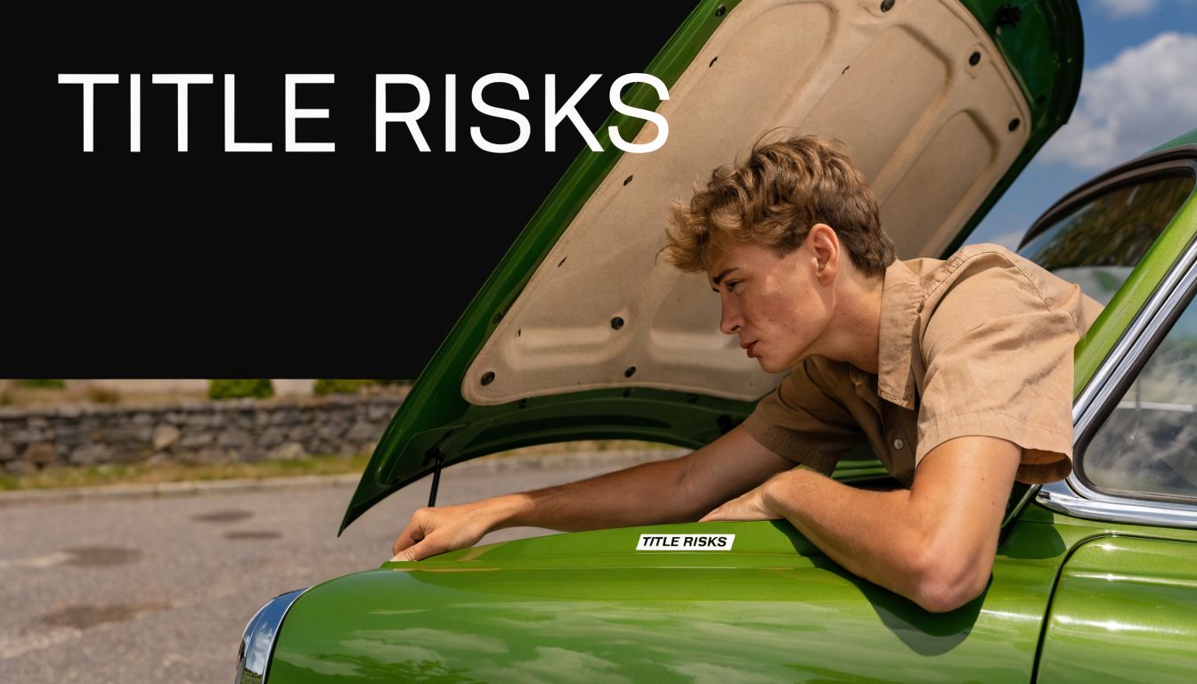 A young man looking into the open hood of a bright green vintage car in daylight.