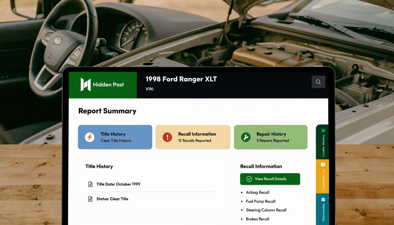 A digital report from Hidden Past displayed on a laptop screen showing the history of a 1998 Ford Ranger.