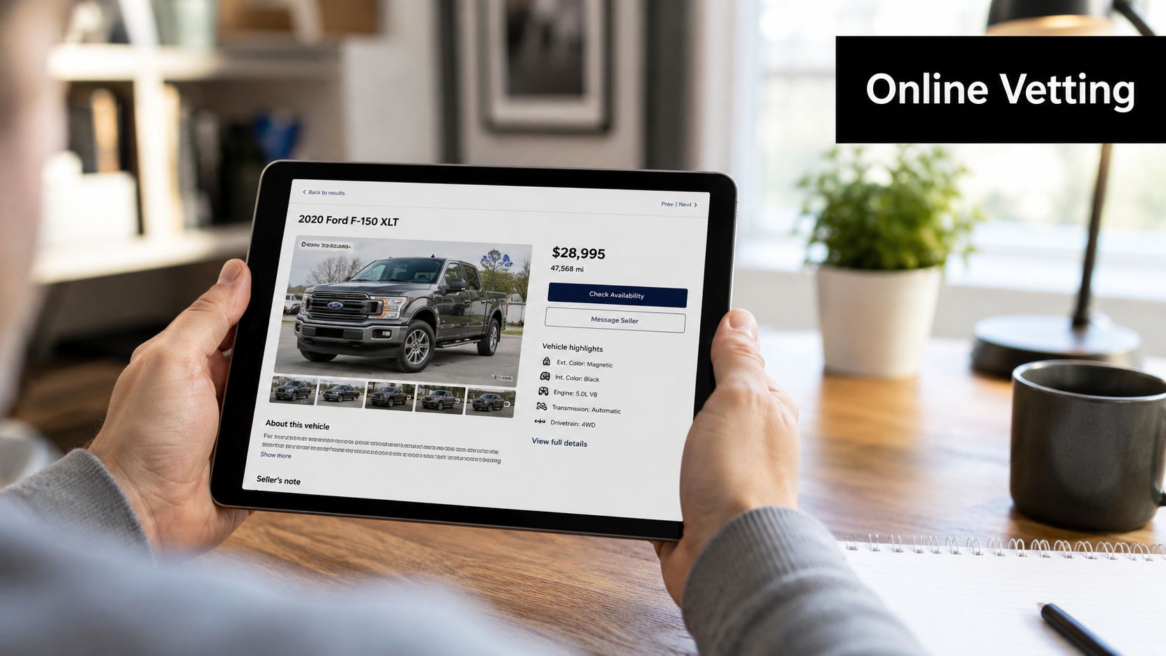 A person holding a tablet displaying an online listing for a 2020 Ford F-150 XLT truck.