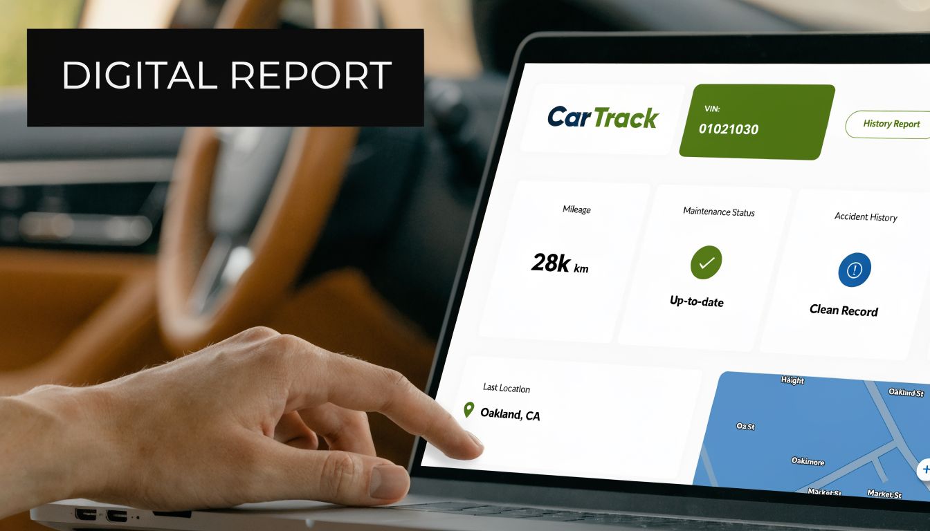 A person using a laptop to view a CarTrack digital vehicle report showing mileage and history details.