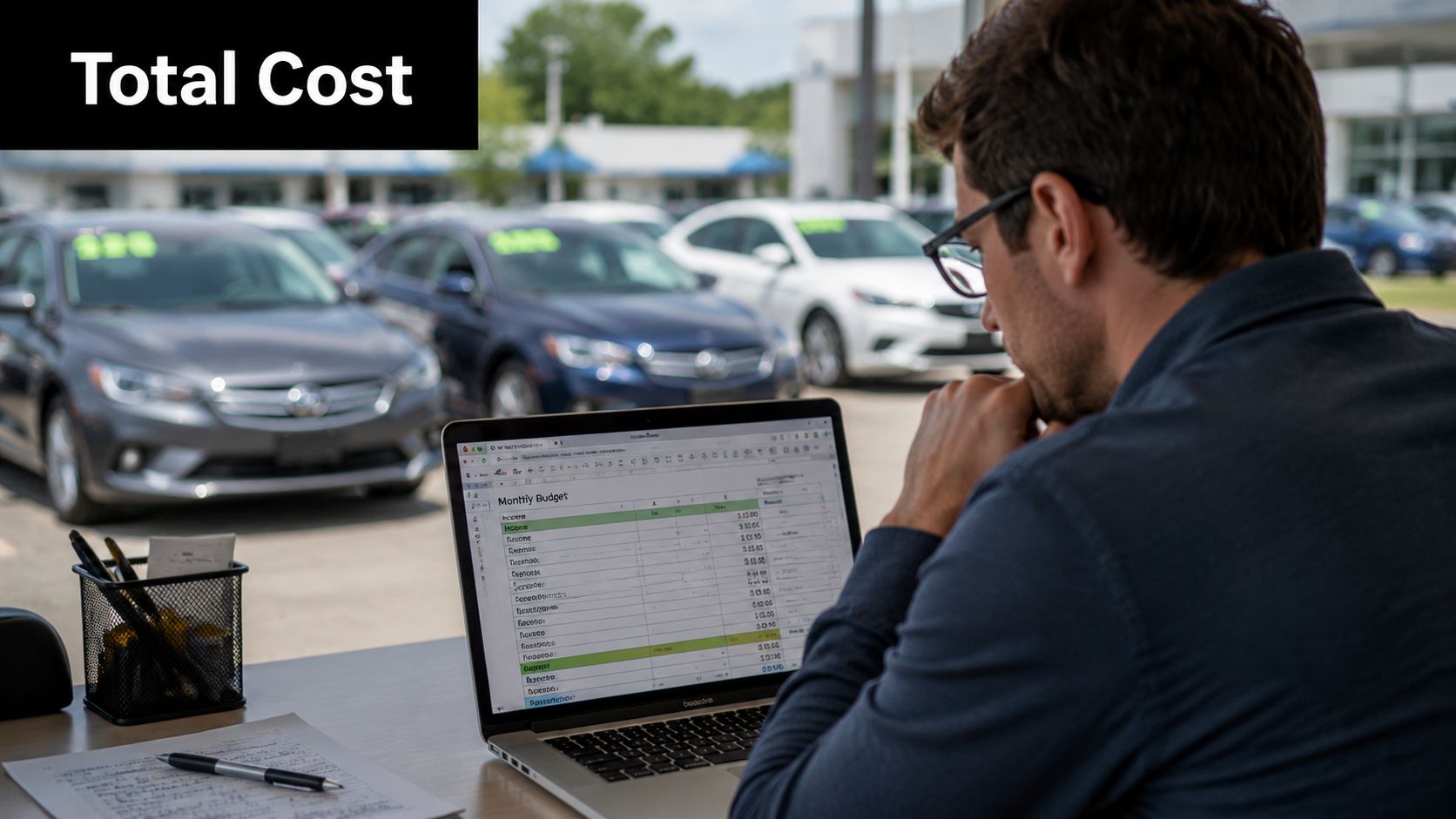 A focused man reviews his monthly budget on a laptop while sitting at a dealership.