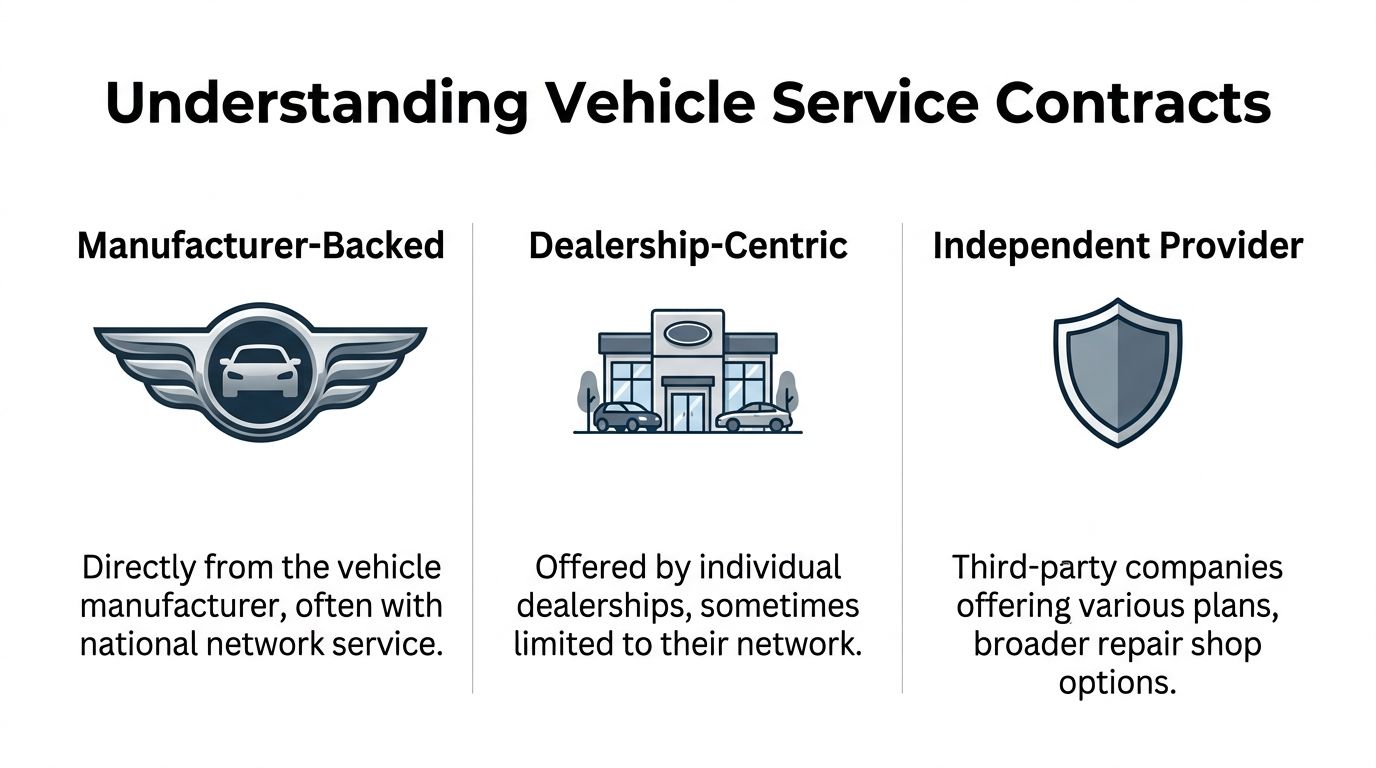 A diagram illustrating three types of vehicle service contracts: manufacturer-backed, dealership-centric, and independent provider.