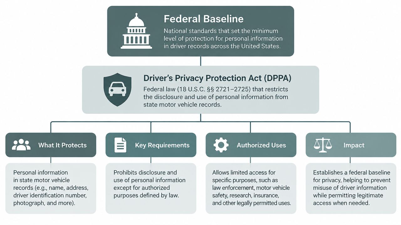 An infographic explaining the Driver's Privacy Protection Act which sets federal standards for personal information in vehicle records.