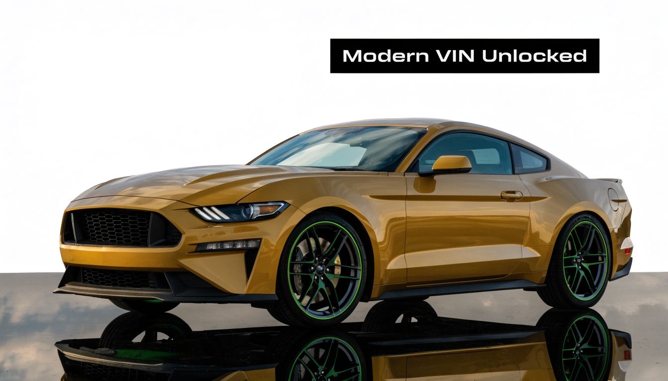 A sleek gold Ford Mustang sports car parked on a reflective surface against a white background.