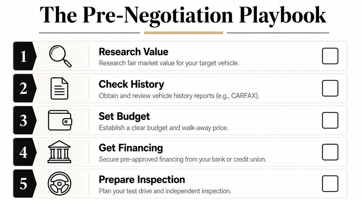 A checklist titled The Pre-Negotiation Playbook with five steps for researching, inspecting, and financing a vehicle purchase.