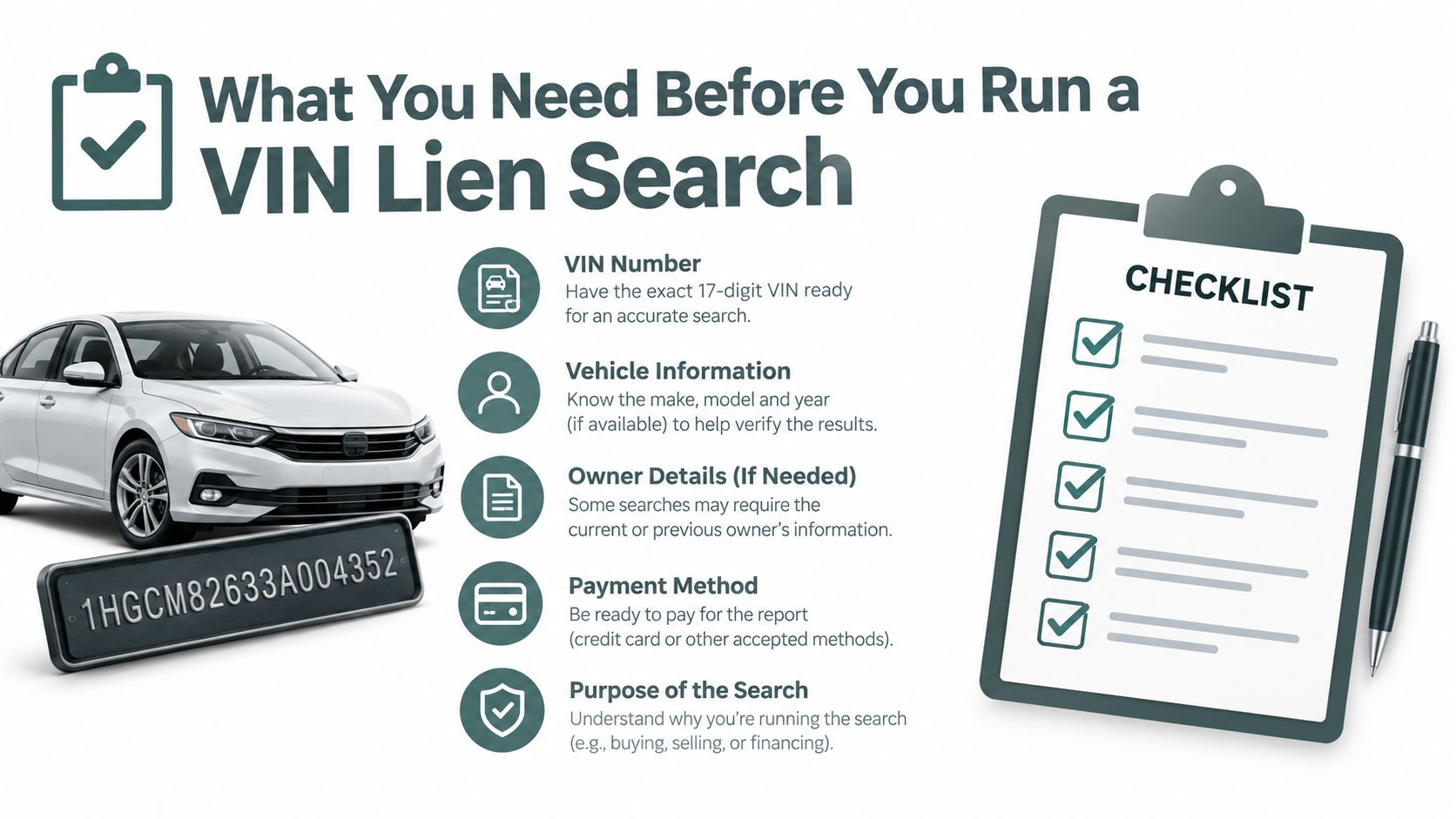 An infographic checklist outlining the essential items required before performing a vehicle lien search by VIN number.