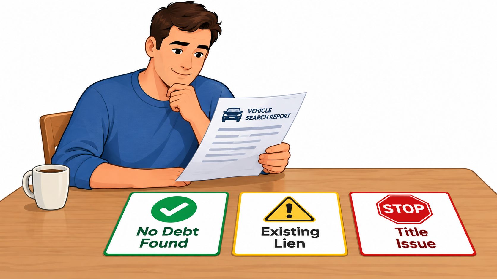 A man reviewing a vehicle search report with signs indicating no debt, an existing lien, or title issues.