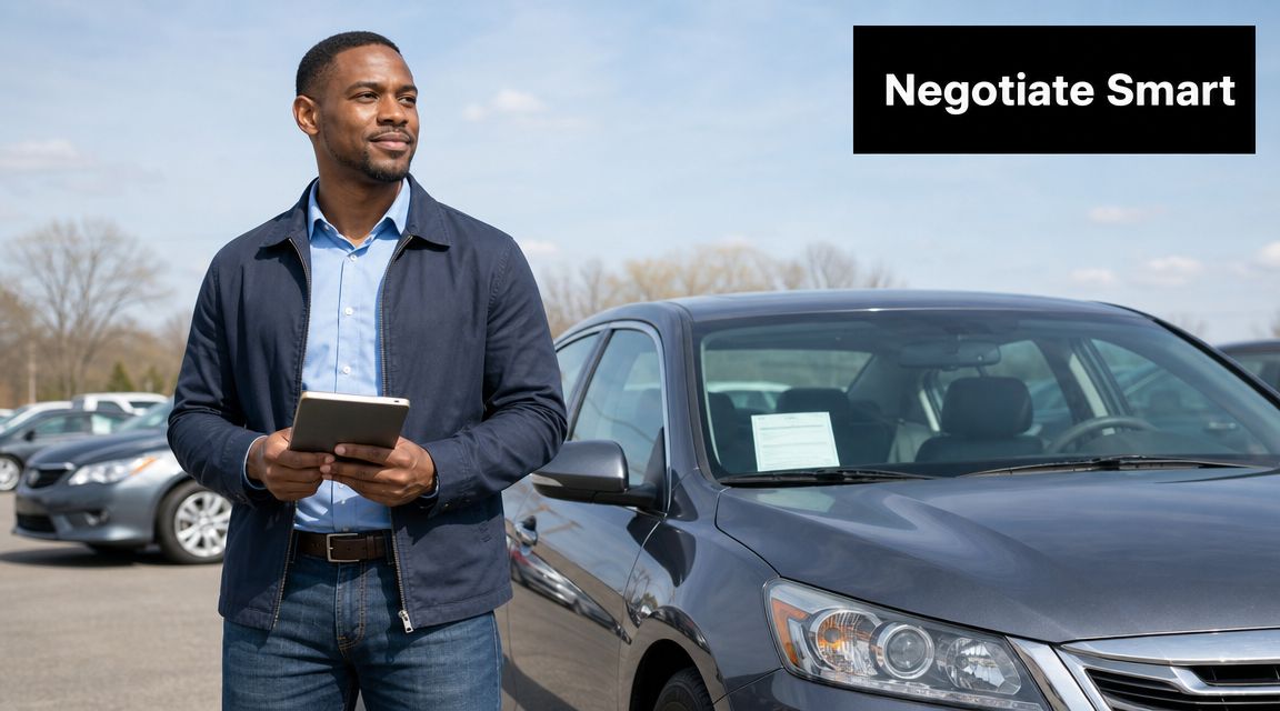 A man standing in a car dealership holding a tablet, preparing to negotiate a used car purchase.