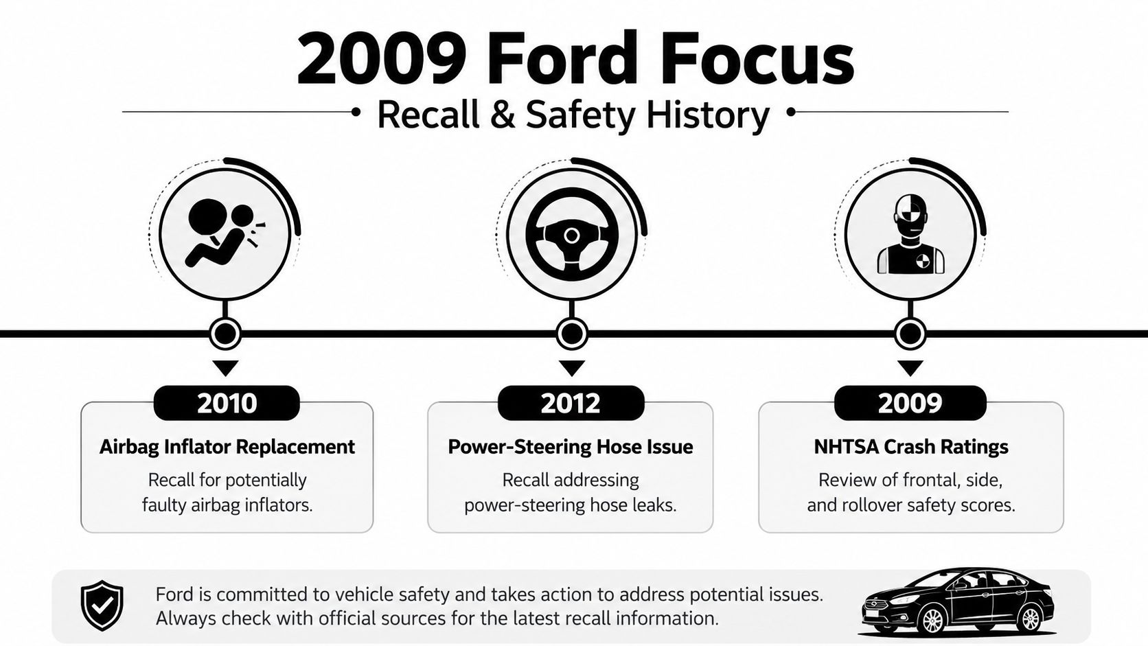 A timeline graphic showing the 2009 Ford Focus recall and safety history with major events noted.