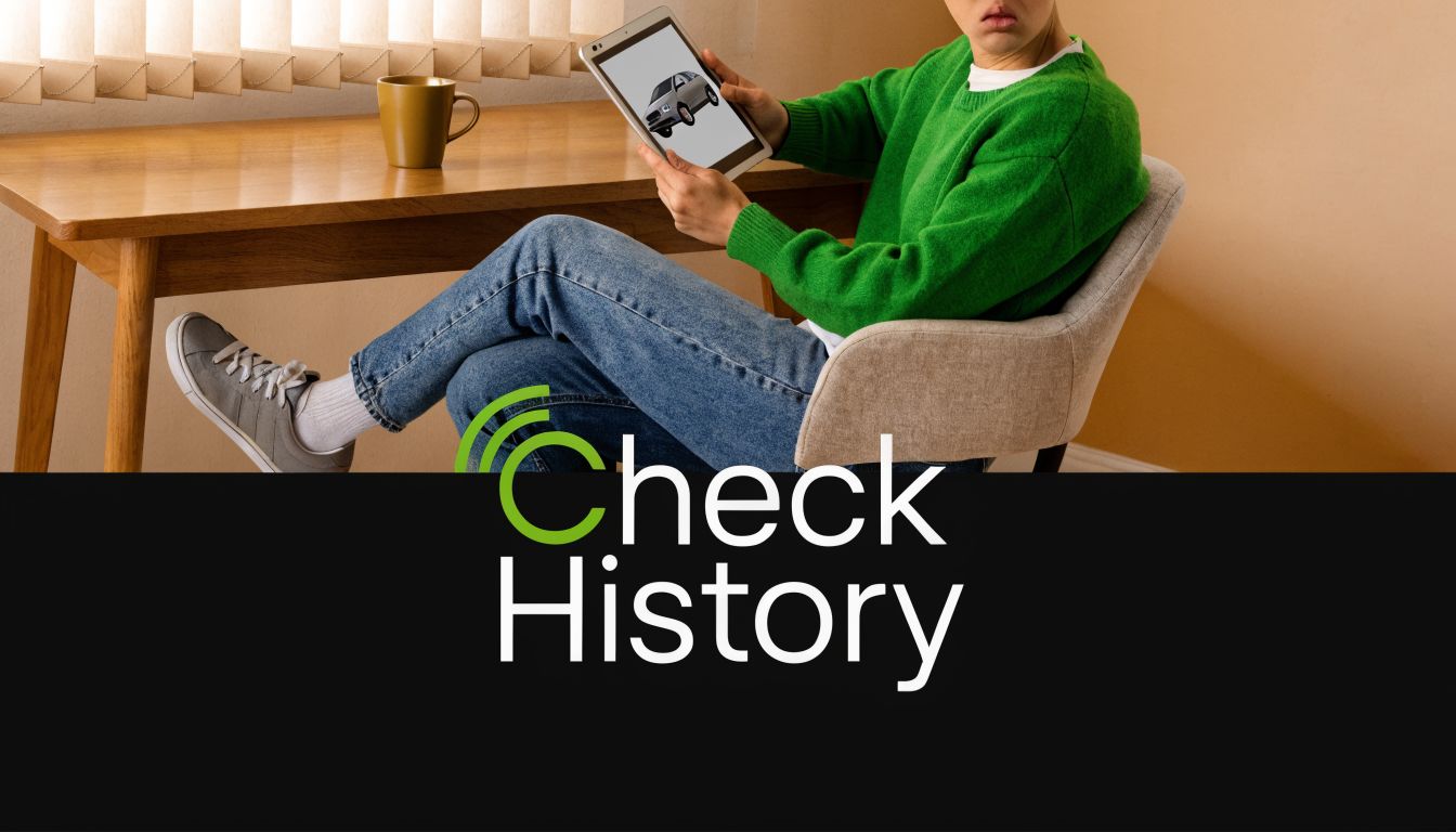 A person wearing a green sweater sits at a wooden desk using a tablet to view car history.
