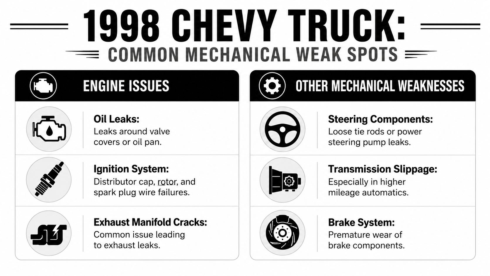 A visual guide summarizing common mechanical problems associated with the 1998 Chevy truck model.