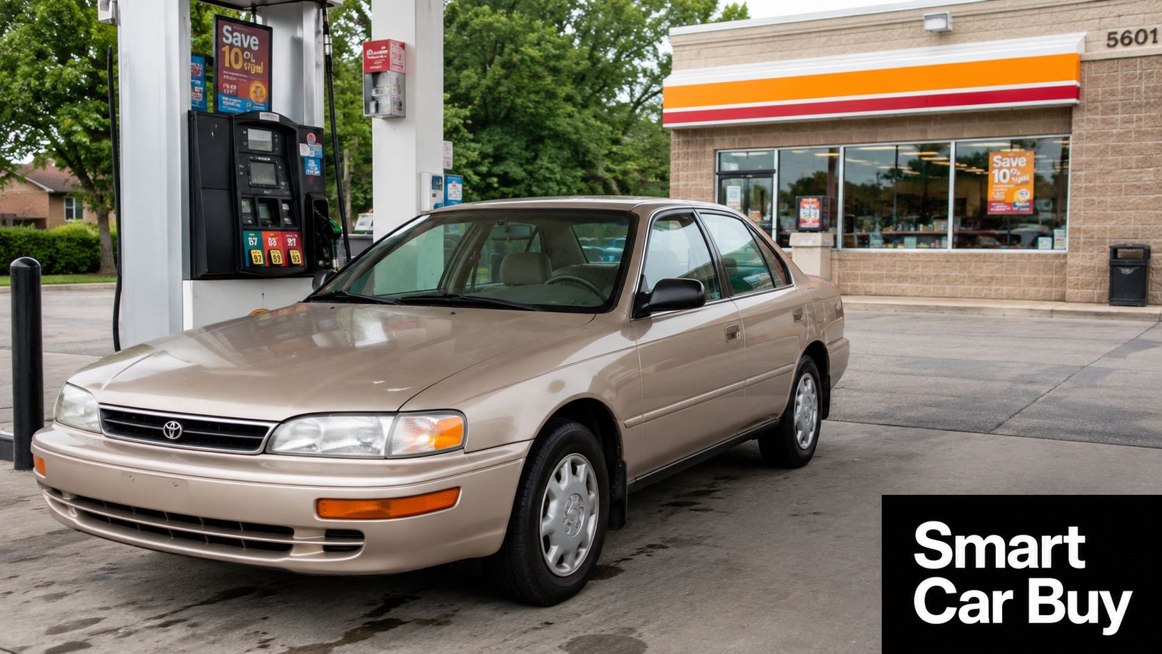 A tan 1990s Toyota Camry sedan parked at a fuel pump in front of a convenience store.