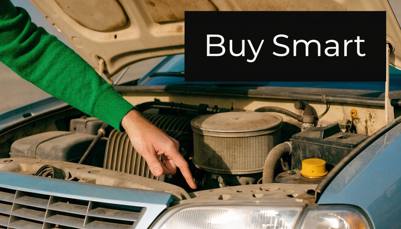 A person in a green sweater points at an open car engine to check for mechanical issues.