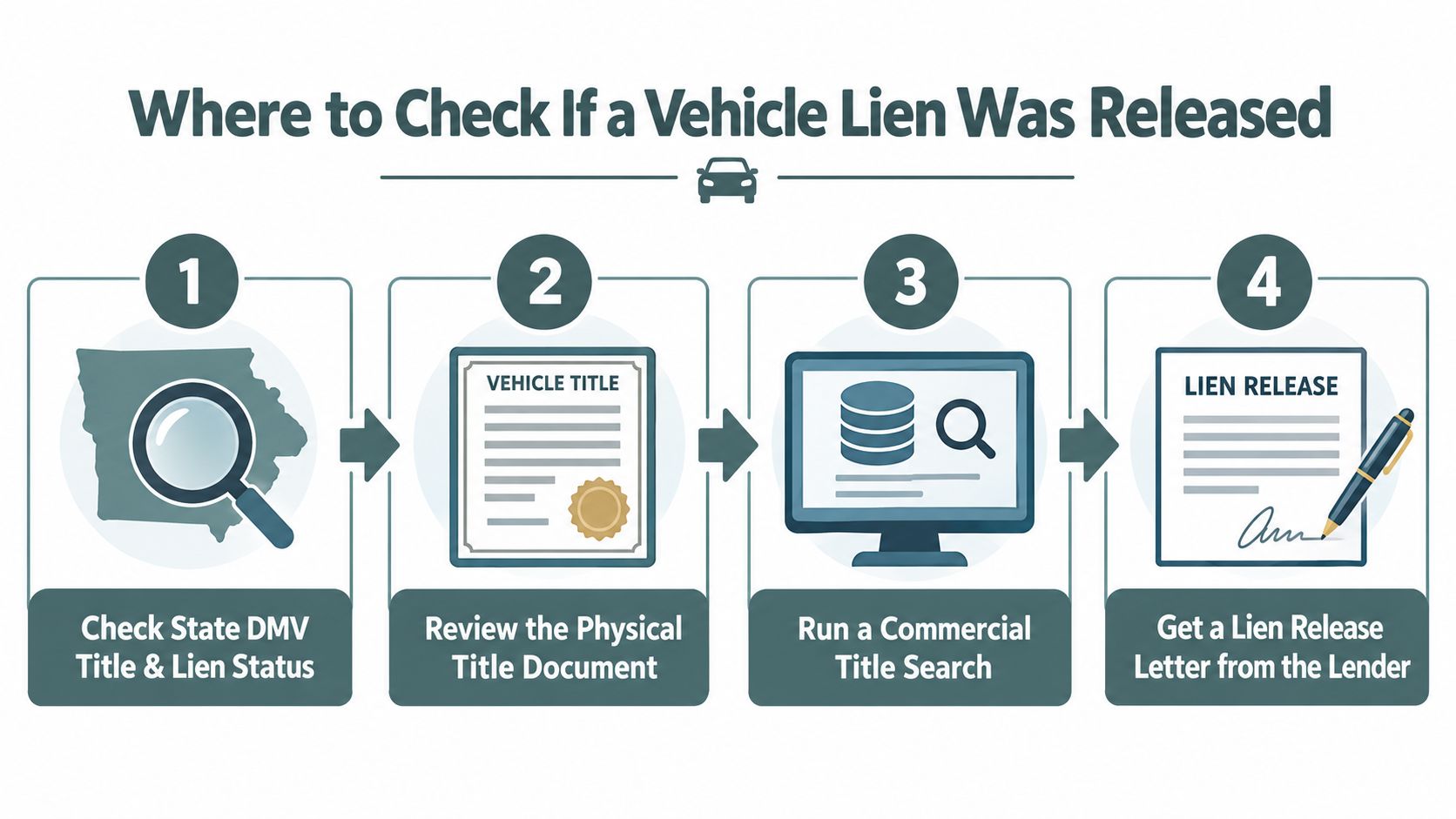 An infographic showing four steps to check if a vehicle lien has been officially released.