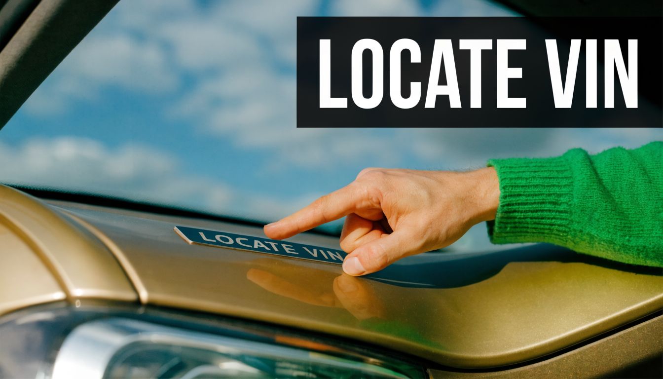 A person in a green sweater points to the VIN location on a car dashboard for inspection.