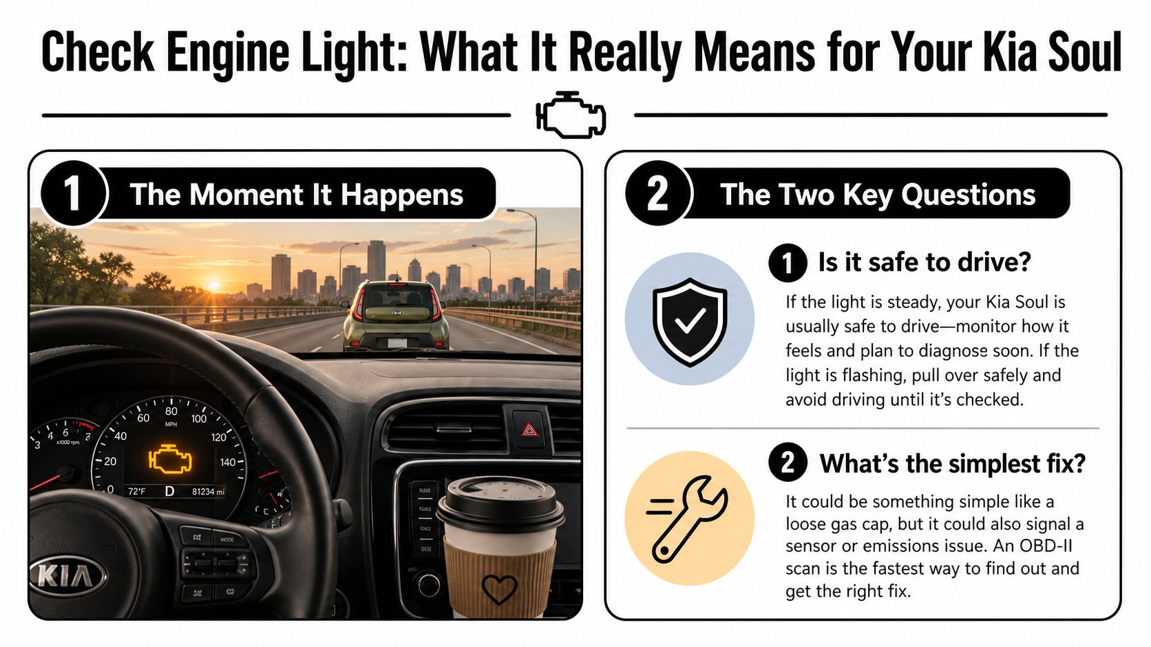 Dashboard of a Kia Soul showing an illuminated check engine light with infographic tips on what to do.
