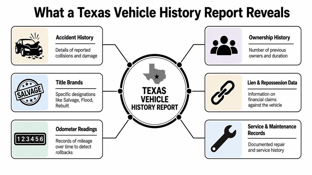 An infographic showing the six key components included in a comprehensive Texas vehicle history report for consumers.