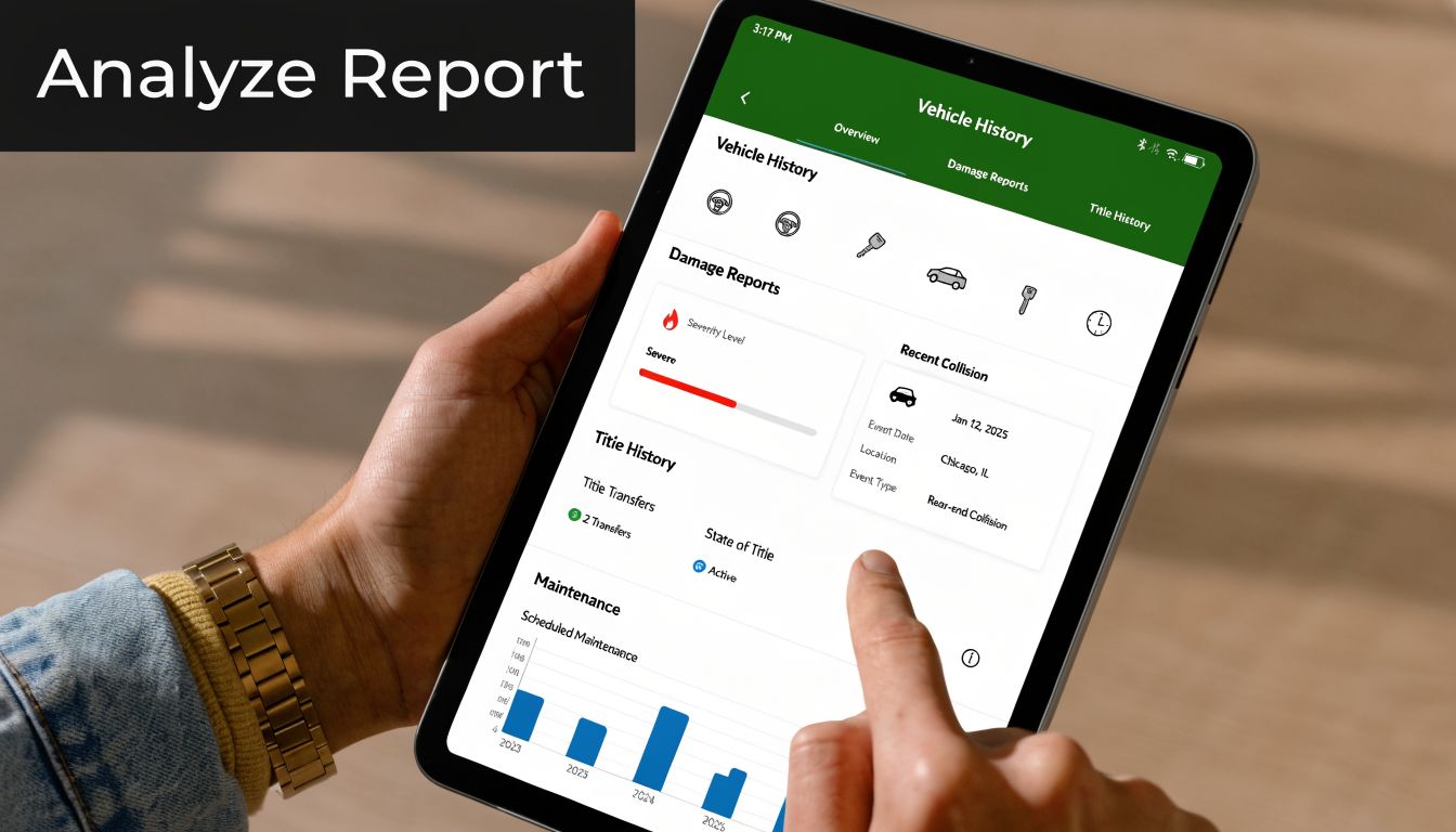 A person holding a tablet displaying a detailed vehicle history report including damage and maintenance information.