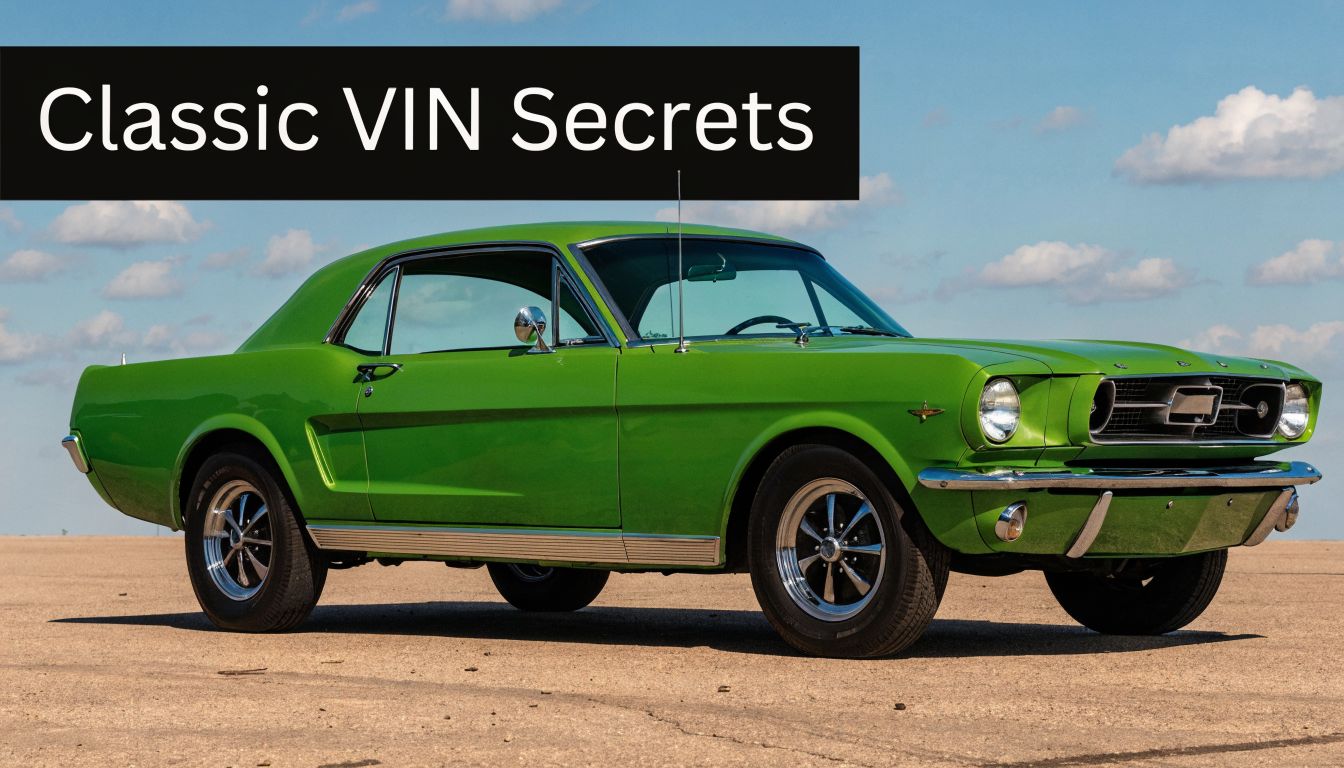 A vibrant green classic Ford Mustang parked on a paved lot under a sunny blue sky.