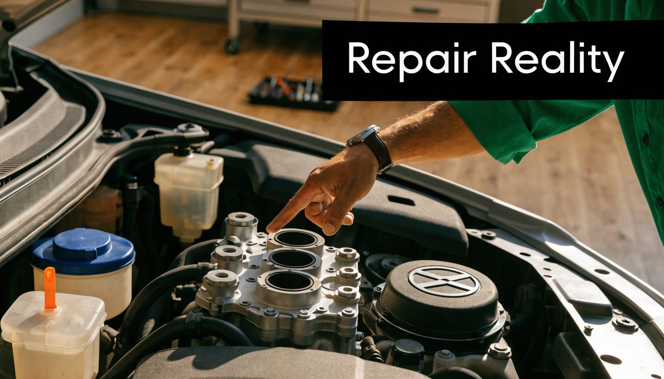 A mechanic wearing a green shirt points at the open engine bay of a car during repairs.