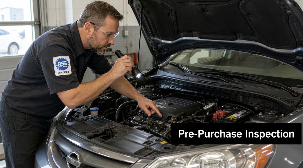 A professional mechanic in a uniform performing a thorough pre-purchase inspection on a vehicle engine bay.