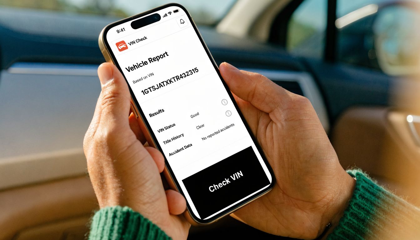 A person holding a smartphone showing a vehicle report with a clear VIN status and accident history.