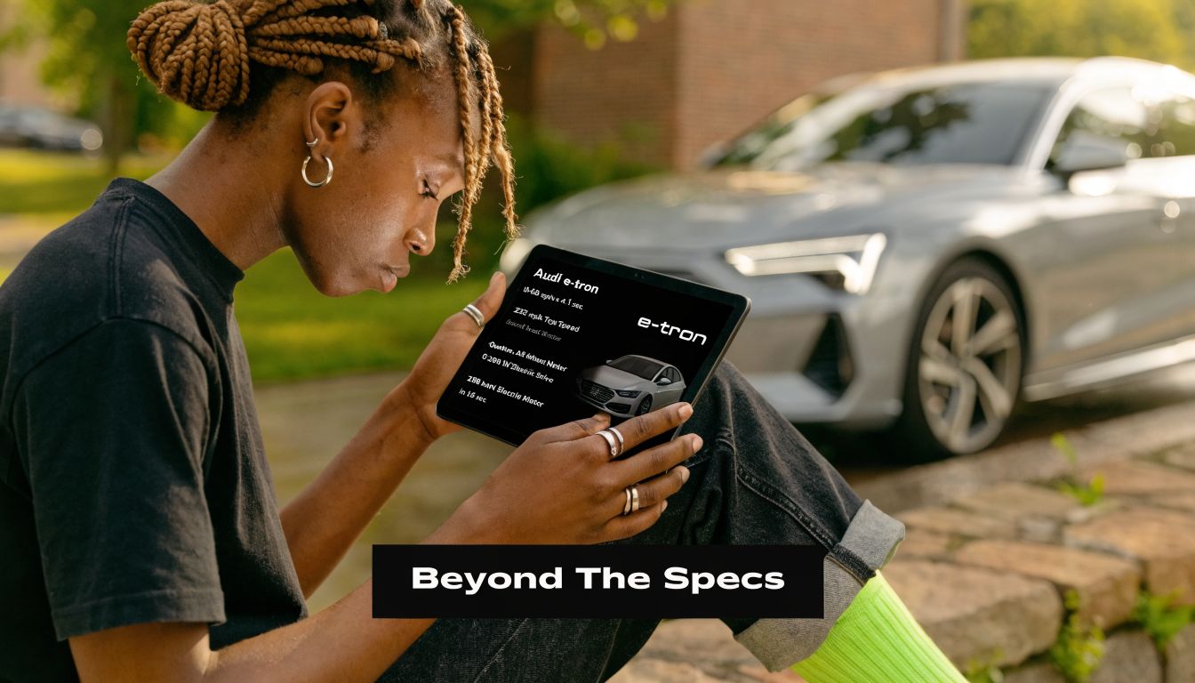 A person sitting outdoors looking at an Audi e-tron car specification list on a tablet screen.