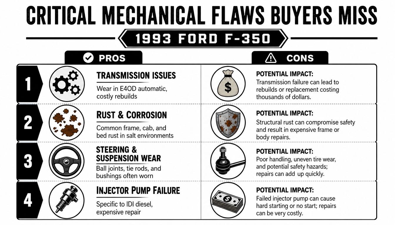 A diagnostic chart listing common mechanical issues and potential repair costs for a 1993 Ford F-350 truck.