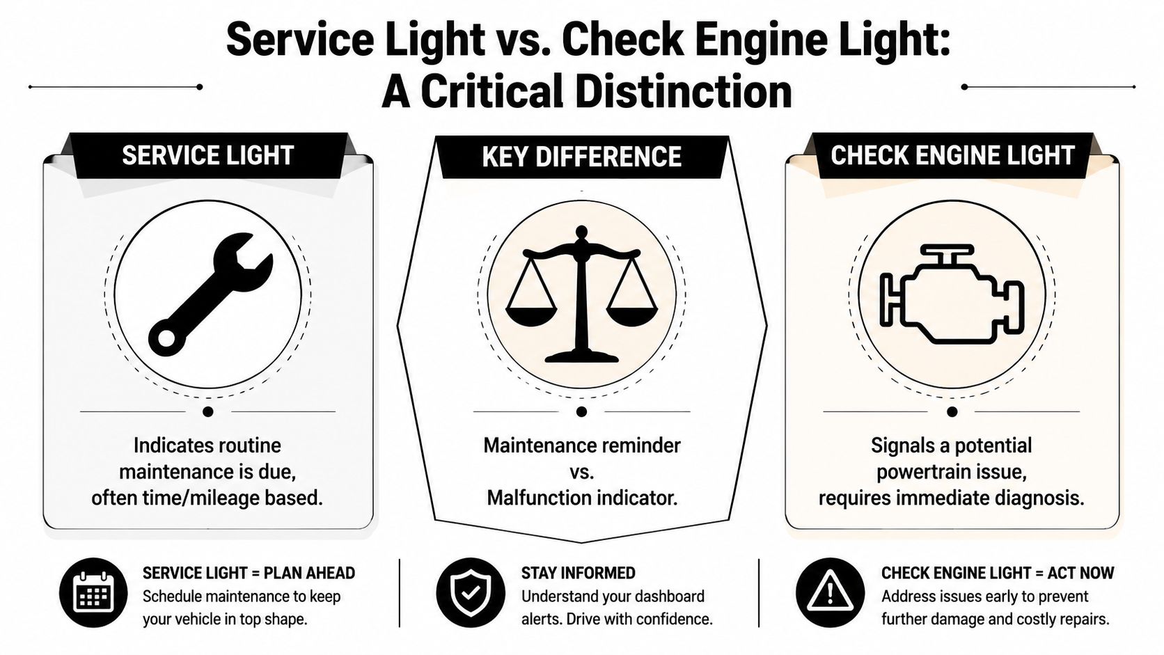 An infographic comparing a vehicle service light to a check engine light to explain their differences.